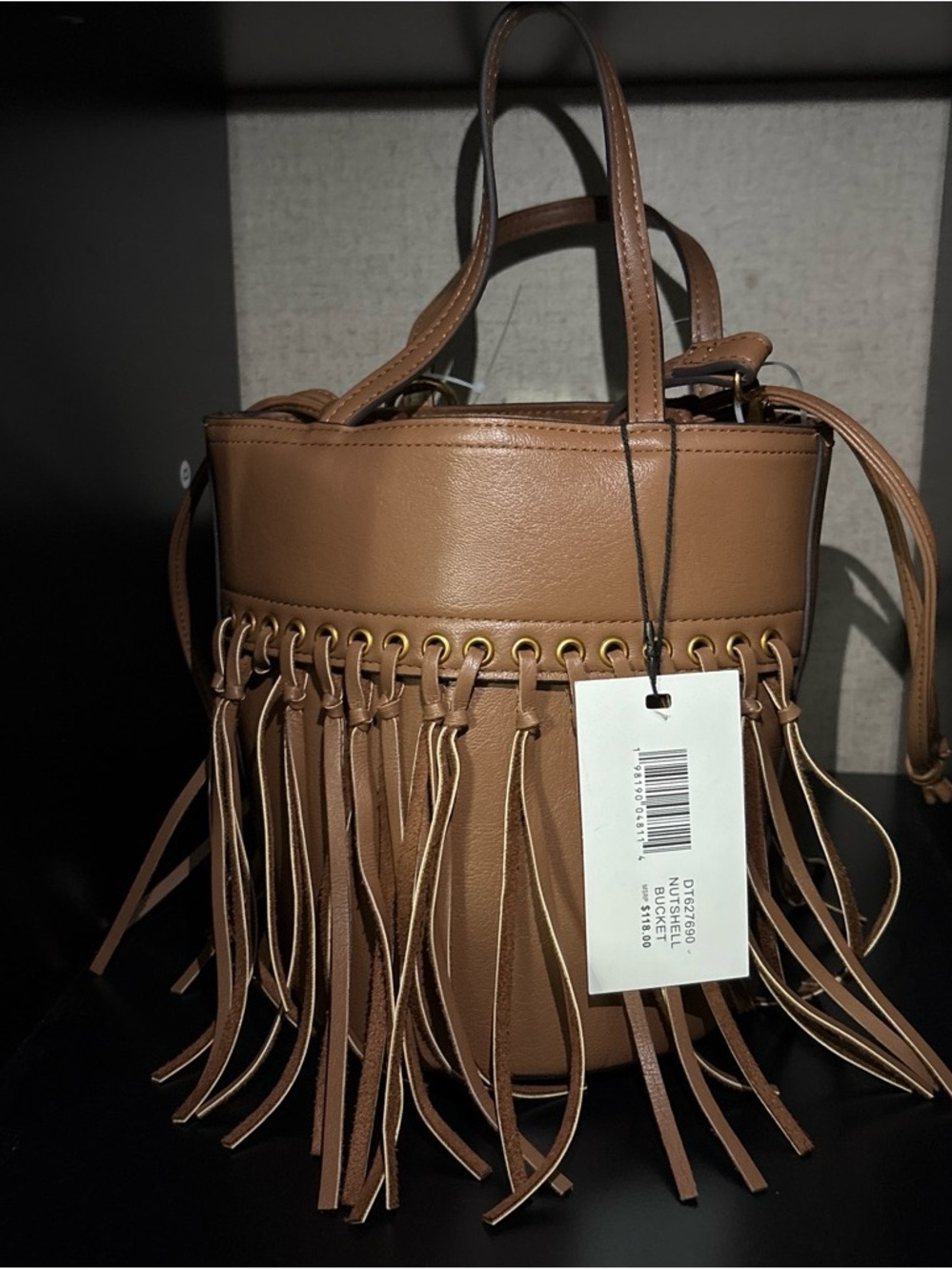 Steve Madden Tan Fringe Bucket Mini Bag